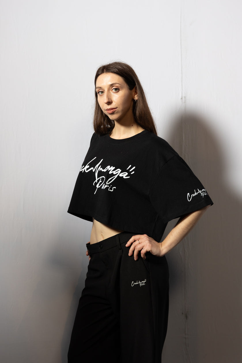 PANTALON HAUTE COUTURE EN POLYESTER IMPRIMÉ LOGO CREKMONGA PARIS, DEUX FENTES