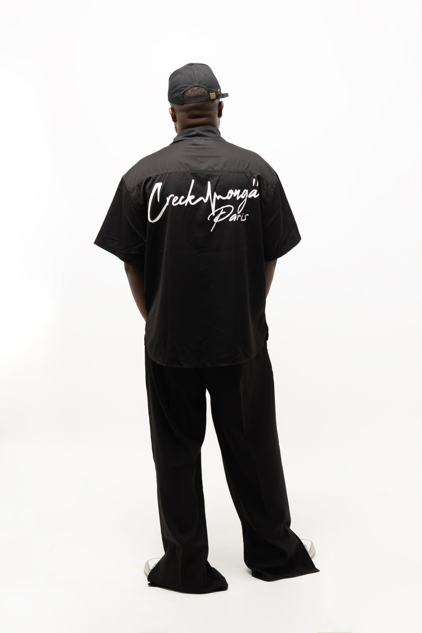CHEMISE HAUTE COUTURE À MANCHE COURTE , COUPE OVERSIZE, À DEUX FENTES, EN POLYESTER ET COTON IMPRIMÉ – CREKMONGA PARIS